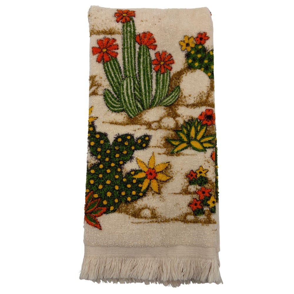 Vintage Cannon Cactus Desert Fringed Hand Towel Cream B&D Southwestern Retro